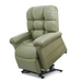 A light green Golden Tech PR510 MaxiComfort Cloud Recliner with lift assist is in a semi-upright position on a white background. It features plush cushions, an electric lift mechanism, and Zero Gravity+ (ZG+) positioning to help with effortless standing.