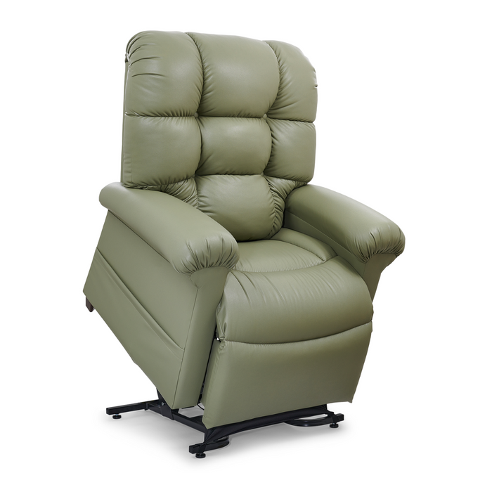 Discover the Golden Tech PR510 MaxiComfort Cloud Recliner With Lift Assist - Extra Wide in green, featuring plush padding, button-tufted backrest, and armrests. Enjoy ultimate relaxation with Zero Gravity+ positioning, revealing a sleek black base mechanism underneath.