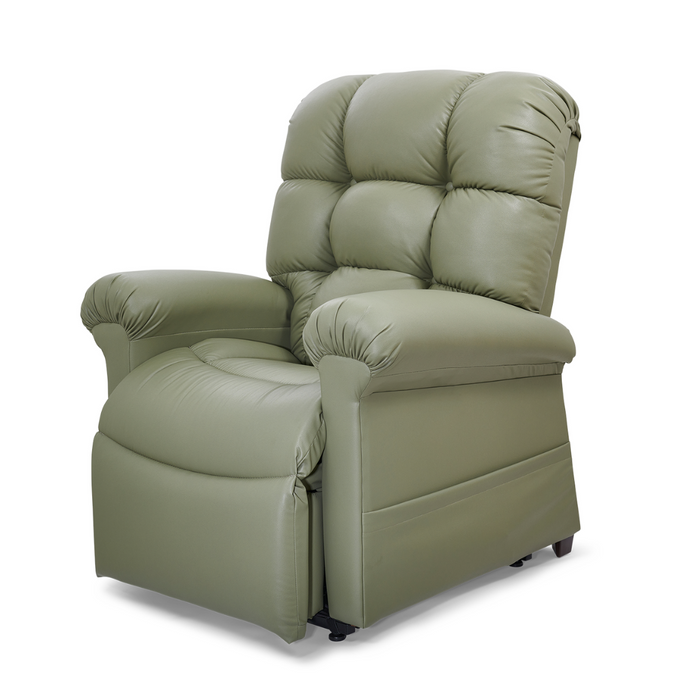 The Extra Wide Golden Tech PR510 MaxiComfort Cloud Recliner with Lift Assist is plush and light green, featuring a high back and padded armrests. It is set on a white background with a slightly angled seat and partially extended footrest, highlighting its Zero Gravity+ (ZG+) positioning for ultimate relaxation.