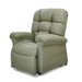 The Extra Wide Golden Tech PR510 MaxiComfort Cloud Recliner with Lift Assist is plush and light green, featuring a high back and padded armrests. It is set on a white background with a slightly angled seat and partially extended footrest, highlighting its Zero Gravity+ (ZG+) positioning for ultimate relaxation.