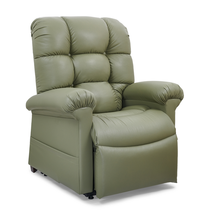 Experience elevated relaxation with the Golden Tech PR510 MaxiComfort Cloud Recliner with Lift Assist - Extra Wide. This green chair features Zero Gravity+ positioning, a plush backrest, tufted cushioned seat, padded armrests, and is elegantly angled against a white background.