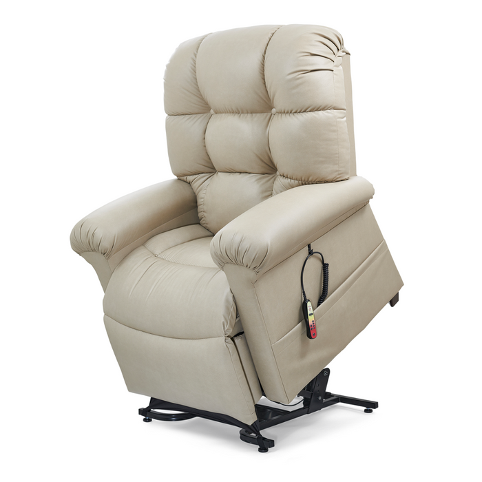 The Golden Tech PR510 MaxiComfort Cloud Recliner with Lift Assist - Extra Wide in beige offers plush cushions, a corded remote for easy control, Zero Gravity+ positioning for optimal relaxation, and a lift assist feature to help you stand effortlessly.