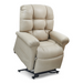 The Golden Tech PR510 MaxiComfort Cloud Lift Recliner, in beige with tufted fabric and padded armrests, features Zero Gravity+ positioning. Shown partially elevated, it highlights the standing-assist feature while offering a soft, plush feel for ultimate comfort.