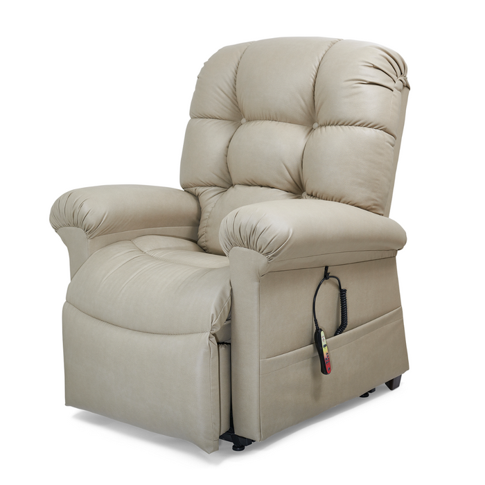 Experience ultimate relaxation with the Golden Tech PR510 MaxiComfort Cloud Recliner. This beige armchair features cushioned upholstery, rolled arms, Zero Gravity+ positioning, and a side remote for easy adjustment, making it both comfortable and inviting. Extra wide for added comfort!.