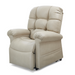 The Golden Tech PR510 MaxiComfort Cloud Recliner, in a beige color with plush cushions and padded armrests, features Lift Assist technology for unmatched support. Its smooth leather-like upholstery extends effortlessly with the footrest to showcase its reclining magic.