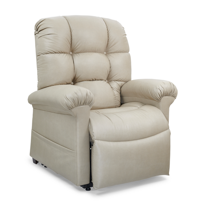 The Golden Tech PR510 MaxiComfort Cloud Recliner with Lift Assist features a plush beige design, high back, padded armrests, and tufted texture. Its extra-wide size offers a partially extended footrest and Zero Gravity+ (ZG+) positioning for ultimate comfort and relaxation.