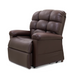 The Golden Tech PR510 MaxiComfort Cloud Recliner with Lift Assist - Extra Wide offers plush brown leather, thick cushioning on the backrest, seat, and armrests. Its ZG+ positioning and visible footrest ensure unmatched relaxation in a reclined position.