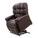 The Golden Tech PR510 MaxiComfort Cloud Recliner With Lift Assist - Extra Wide, in brown leather, is partially elevated to show its lift-assist feature. It includes a plush, tufted backrest, cushioned armrests, and Zero Gravity+ (ZG+) positioning for exceptional comfort and support.