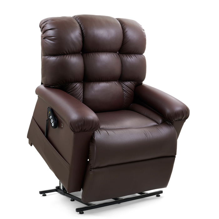 The Golden Tech PR510 MaxiComfort Cloud Recliner with Lift Assist - Extra Wide is a dark brown leather chair featuring a padded backrest, armrests, left-side remote, Zero Gravity+ positioning, and an advanced lift mechanism on a metal base.