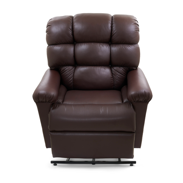 The Golden Tech PR510 MaxiComfort Cloud Recliner With Lift Assist - Extra Wide, a plush dark brown leather chair with padded armrests and cushioned backrest, showcases innovative MaxiComfort® Cloud Lift technology. Set against a white background, it promises unparalleled comfort for ultimate relaxation.