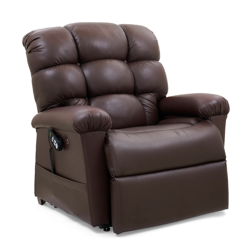 The Golden Tech PR510 MaxiComfort Cloud Recliner with Lift Assist—Extra Wide is a brown leather chair with plush cushioning, featuring Zero Gravity+ positioning and an electric control panel. It has a high back, wide armrests, small legs, and offers ultimate relaxation.