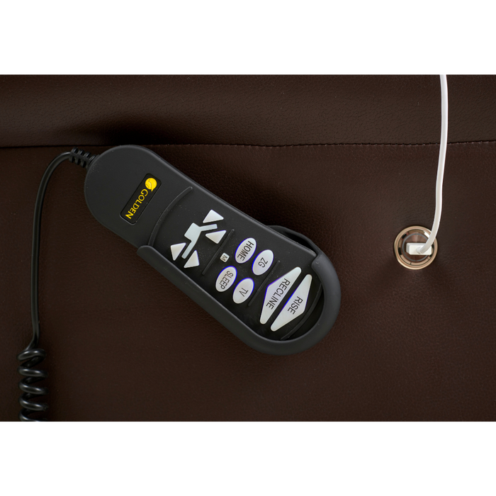 A black remote control with white and purple buttons rests on a brown surface, its coiled black cord indicating precision. It pairs seamlessly with the Golden Tech PR510 MaxiComfort Cloud Recliner With Lift Assist - Extra Wide, enhancing relaxation.