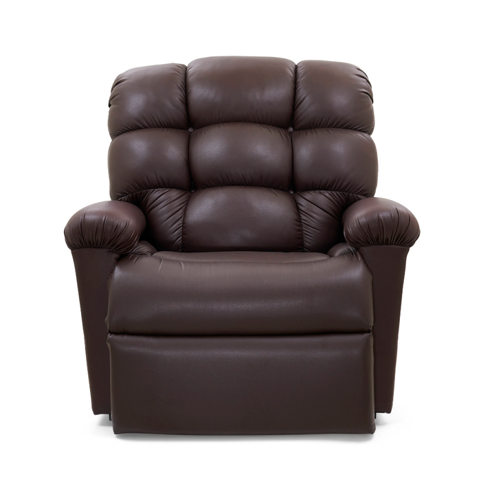 The extra-wide Golden Tech PR510 MaxiComfort Cloud Recliner with Lift Assist in brown is centered against a white background. It features a tufted backrest, padded armrests, and Zero Gravity+ (ZG+) positioning for ultimate relaxation.