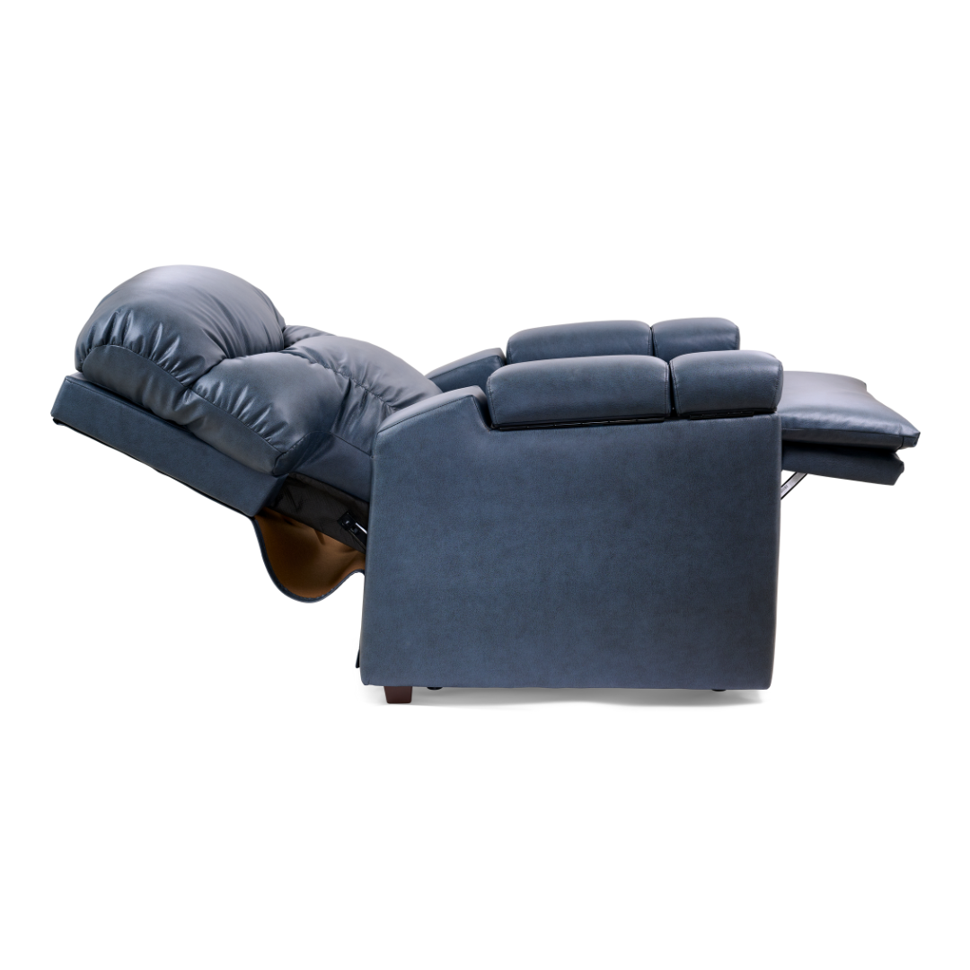 A blue Golden Cloud+ PR511 Recliner with Lift Assist, Heatwave & Nirvana Massage, shown fully reclined with the backrest tilted and footrest extended in MaxiComfort Positioning, viewed from the side on a white background.