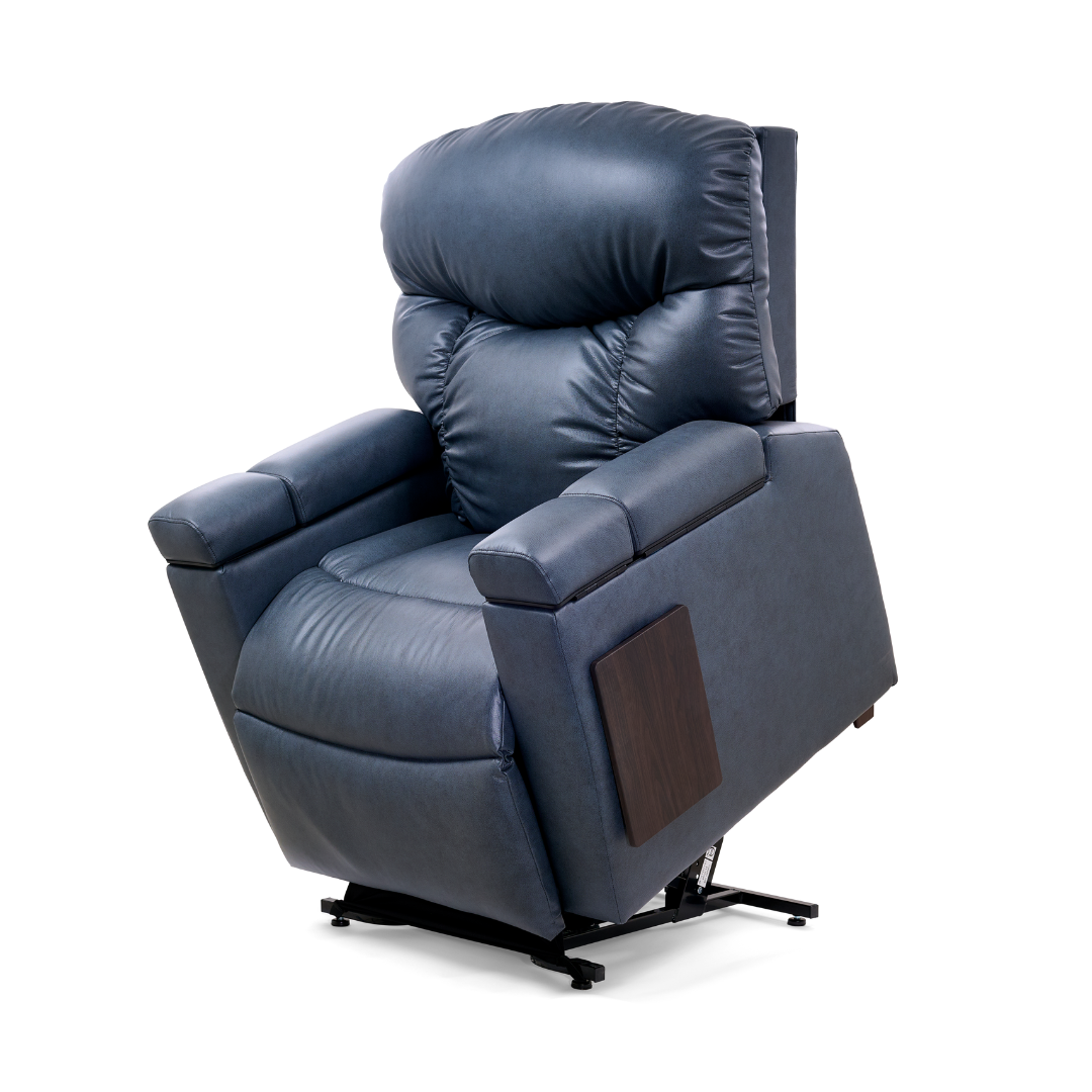 The Golden Cloud+ PR511 Recliner with Lift Assist offers blue leather, padded armrests and backrest, a built-in wooden side panel, mechanical lifting base, plus Heatwave & Nirvana massage features for comfort and relaxation.