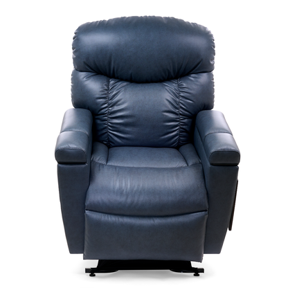 A Golden Cloud+ PR511 Recliner with Lift Assist, Heatwave & Nirvana Massage in dark blue leather, featuring plush cushioning, wide armrests, and footrest, shown from the front against a white background.