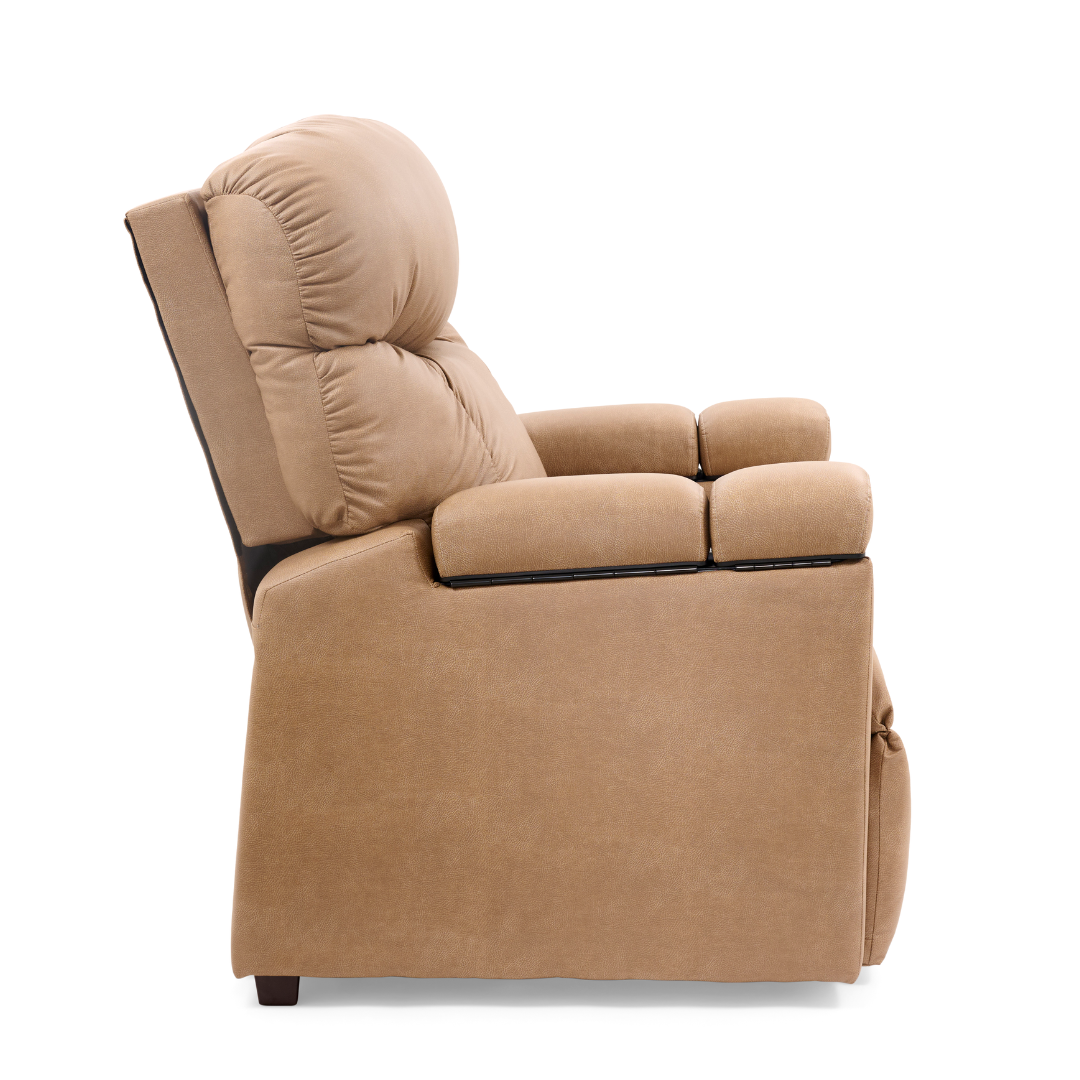 A side view of the beige Golden Cloud+ PR511 Recliner with Lift Assist, plush cushioning, Heatwave & Nirvana Massage features, and MaxiComfort Positioning, set against a white background.