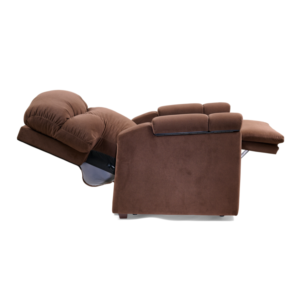 The Golden Cloud+ PR511 Recliner with Lift Assist, Heatwave & Nirvana Massage is shown fully extended with a raised footrest and tilted backrest in a relaxed position, photographed from the side on a white background.