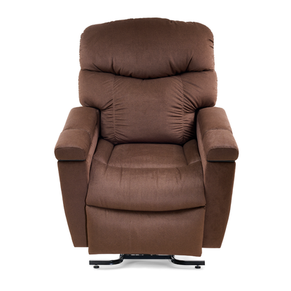A brown Golden Cloud+ PR511 Recliner with Lift Assist, Heatwave, and Nirvana Massage, plush cushioning, wide armrests, and a metal base, featuring MaxiComfort Positioning, shown from the front on a white background.