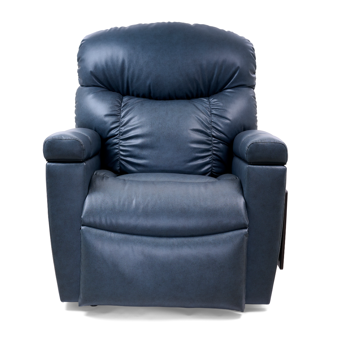 The Golden Cloud+ PR511 Recliner with Lift Assist, Heatwave & Nirvana Massage is a large, dark blue chair featuring plush cushioned armrests and backrest, shown from the front against a white background.