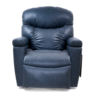 The Golden Cloud+ PR511 Recliner with Lift Assist, Heatwave & Nirvana Massage is a large, dark blue chair featuring plush cushioned armrests and backrest, shown from the front against a white background.