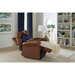 A man relaxes in a Golden Tech PR515 Cloud Recliner With Lift Assist, ZG+ & Twilight - SM/MD, his legs up under a cream blanket. He holds a remote in the modern living room featuring Twilight Technology, alongside a bookshelf, framed art, and a round mirror on the console table.