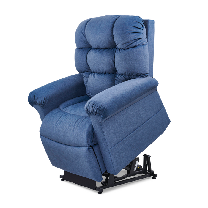 Enjoy superior relaxation with the Golden Tech PR515 Cloud Recliner With Lift Assist, ZG+ & Twilight - SM/MD. This chair in blue upholstery offers ergonomic support with padded back and armrests, ensuring ultimate comfort.