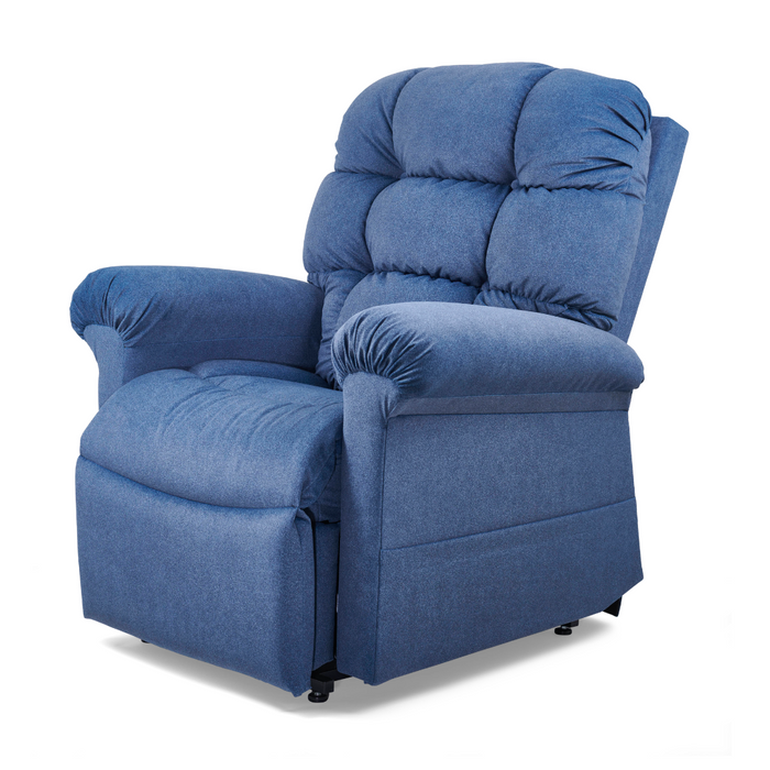 The Golden Tech PR515 Cloud Recliner, in a plush blue textured fabric, offers ergonomic support with a cushioned backrest and armrests. It features Twilight Technology for optimal relaxation and slightly angles to the left. This model also includes lift assist functionality.