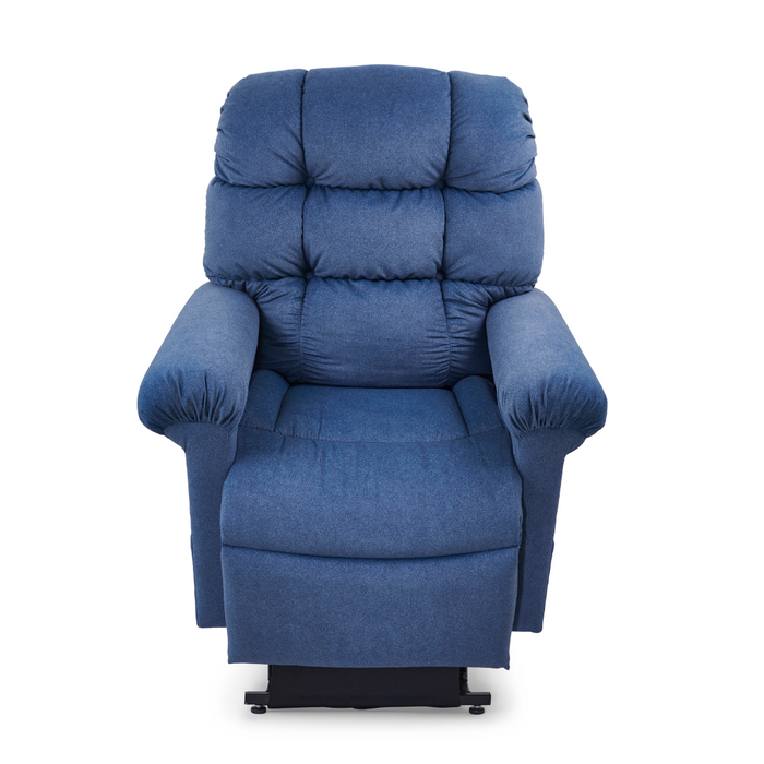 The Golden Tech PR515 Cloud Recliner offers lift assist, ZG+, and Twilight Technology. Available in blue, it features soft upholstery and padded armrests. It boasts a tufted backrest, ergonomic support seat cushion, and a sleek black base. Suitable for small to medium sizes.