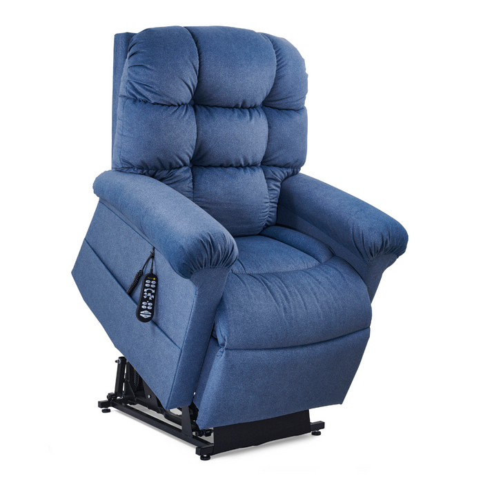 The Golden Tech PR515 Cloud Recliner With Lift Assist, ZG+ & Twilight - SM/MD is a plush, blue chair with a tufted backrest, padded armrests for ergonomic support, and a sturdy black metal base. It includes an attached handheld remote control featuring Twilight Technology.