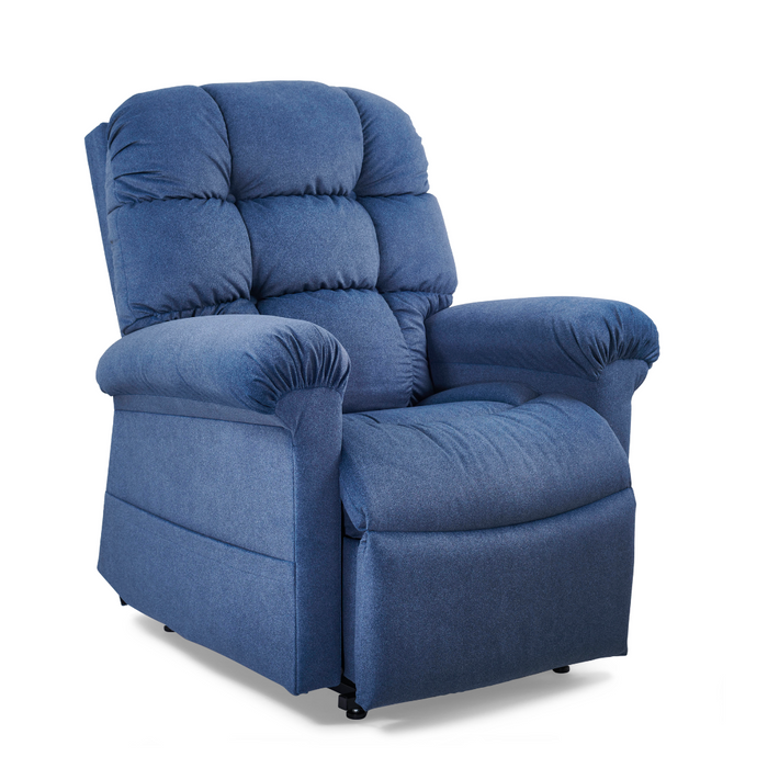 A plush blue recliner with ergonomic support and cushioned back and seat, featuring armrests, set against a white background. Its soft texture and comfort are evocative of the Golden Tech PR515 Cloud Recliner With Lift Assist, ZG+ & Twilight - SM/MDs supreme ease.