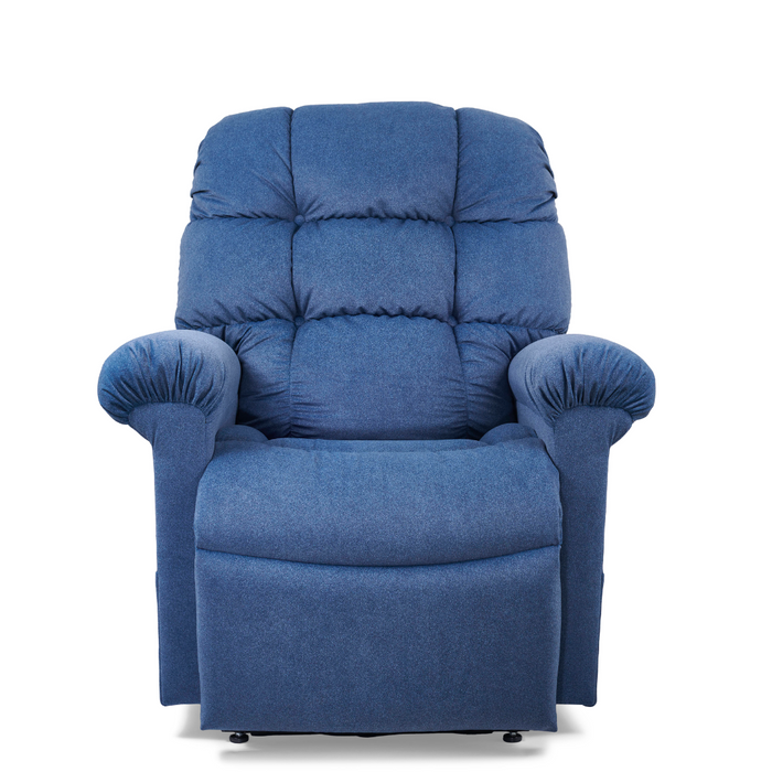 The Golden Tech PR515 Cloud Recliner With Lift Assist, ZG+ & Twilight - SM/MD provides ultimate comfort with blue upholstery and a cushioned backrest. Its ergonomic support and Twilight Technology enhance relaxation, while the soft fabric adds luxury to your space.