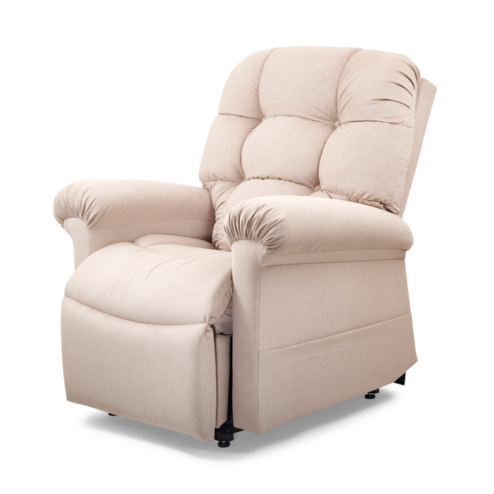 The Golden Tech PR515 Cloud Recliner in beige features plush armrests and a partially extended footrest, offering ergonomic support for ultimate comfort against a white background.