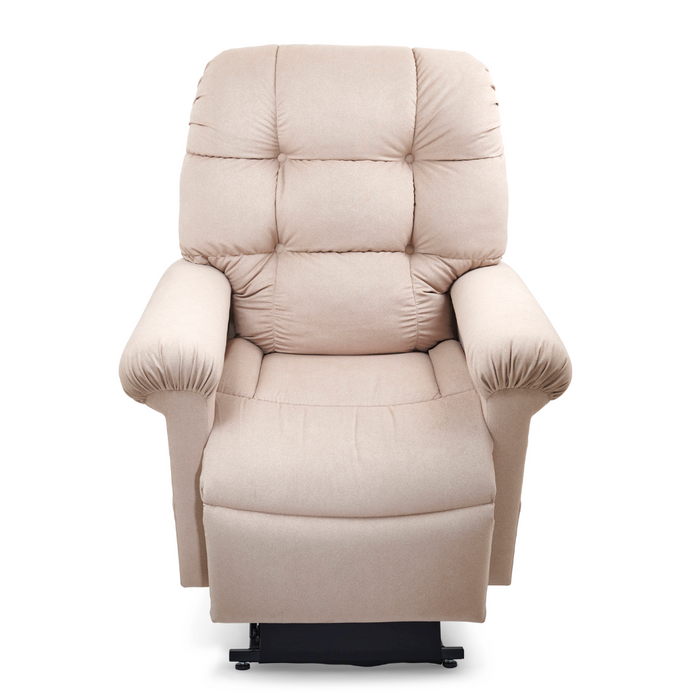 The Golden Tech PR515 Cloud Recliner with Lift Assist, ZG+ & Twilight - SM/MD in beige features a plush, cushioned design for ergonomic support. It includes a quilted backrest, wide armrests, and a padded seat for extra comfort, offering a cozy appearance against a plain white background.