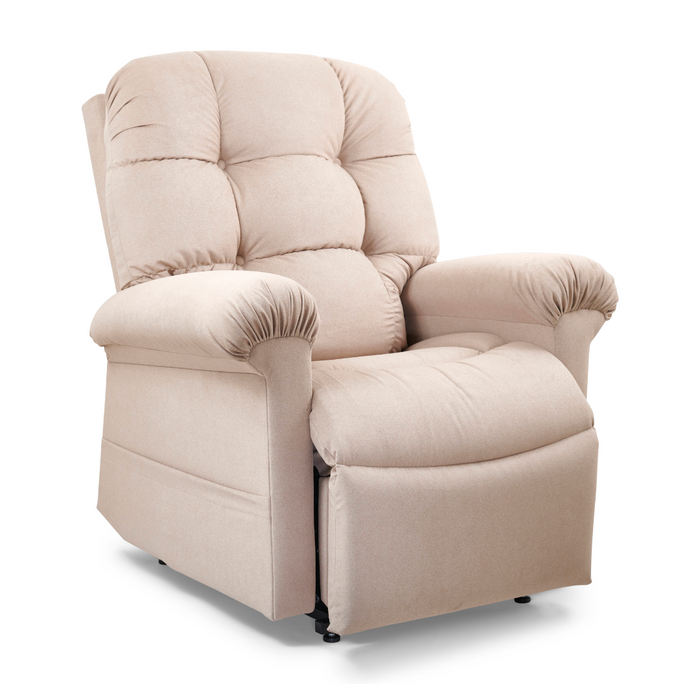 A beige Golden Tech PR515 Cloud Recliner with Lift Assist, featuring tufted cushions and rolled arms. Set at an angle, the extended footrest highlights its ergonomic support for unparalleled comfort. The fabric appears soft and inviting.