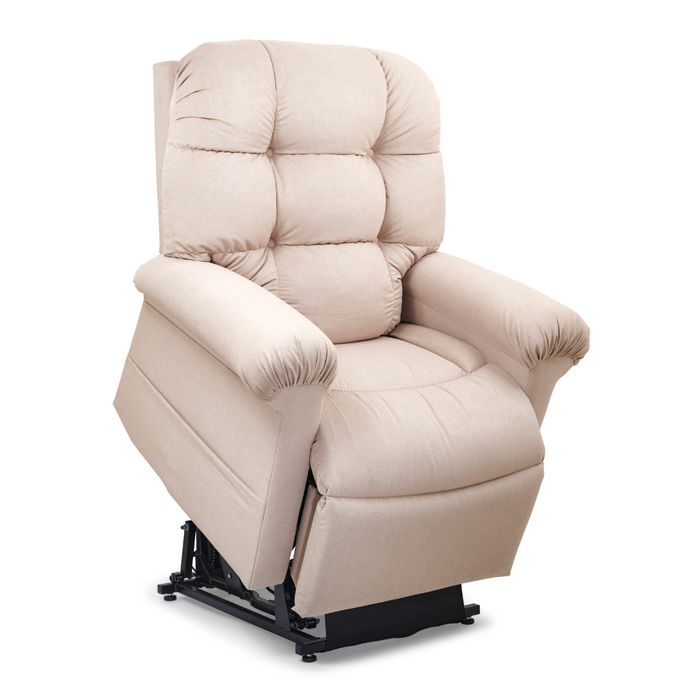 The Golden Tech PR515 Cloud Recliner offers plush beige quilted fabric with ergonomic support, padded backrest, and armrests for comfort. Its black mechanical base provides a zero-gravity experience along with lift-assist for easy standing.