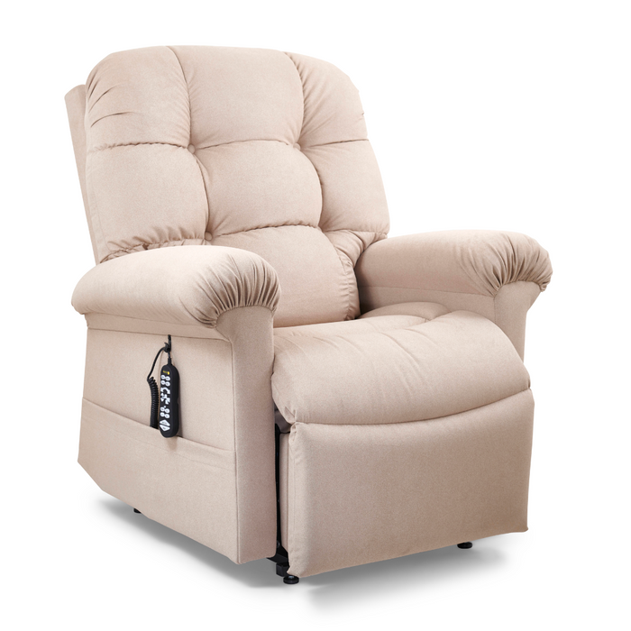 Explore the Golden Tech PR515 Cloud Recliner with Lift Assist and ZG+ Twilight features in beige. This recliner offers ergonomic support, a plush zero-gravity experience, side pocket with remote, and comfort-enhancing extended footrest.