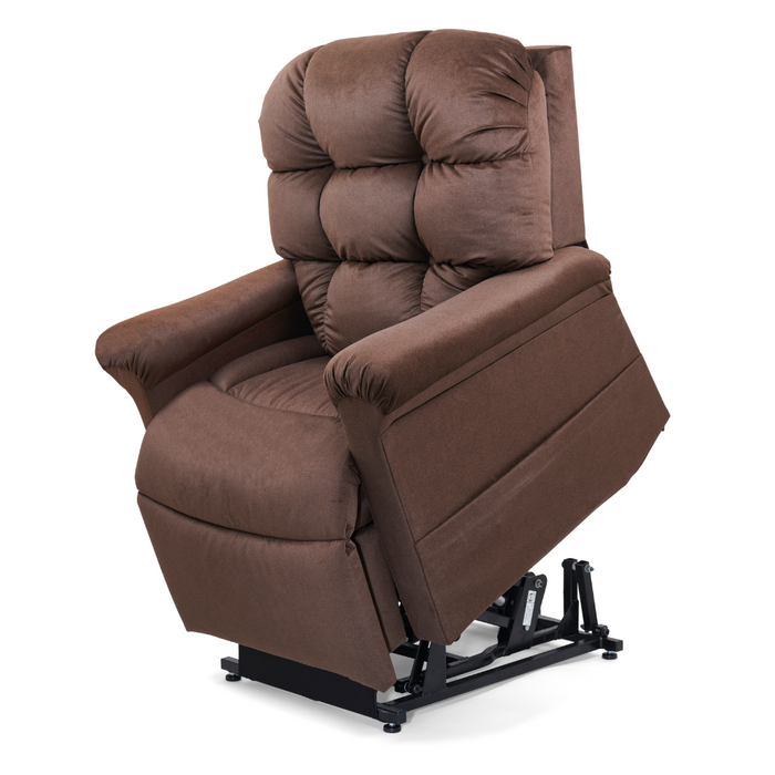 The Golden Tech PR515 Cloud Recliner With Lift Assist in brown offers ergonomic support, a tufted backrest, padded armrests, and a zero-gravity experience in an elevated, partially reclined state for ultimate relaxation.