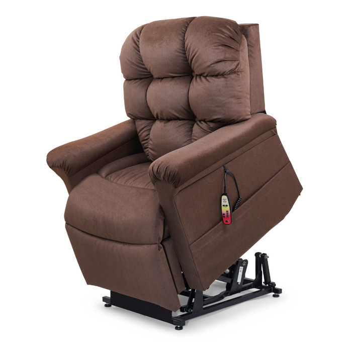 Meet the Golden Tech PR515 Cloud Recliner With Lift Assist, ZG+ & Twilight. This brown plush chair boasts a tufted backrest, cushioned armrests, ergonomic support, and a zero-gravity experience. Its advanced lift feature elevates the partially lifted base with an intuitive built-in control device.