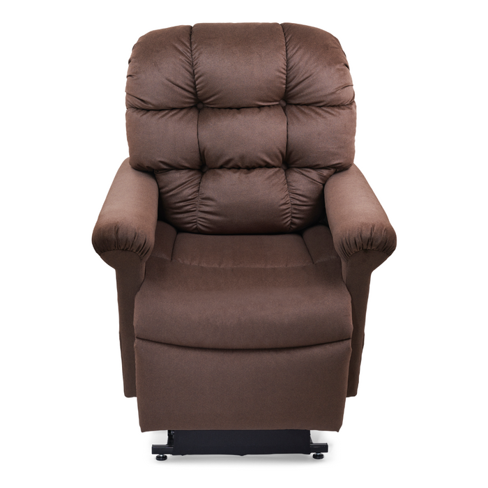 A Golden Tech PR515 Cloud Recliner in brown plush, with padded armrests and a tufted backrest, features a thick seat cushion for ergonomic support. Providing a zero-gravity experience, its shown against a white background.