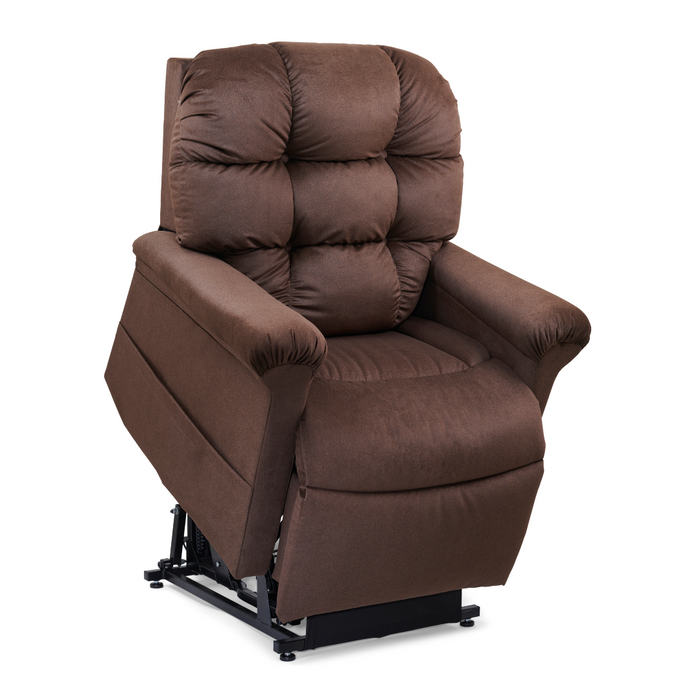 Discover the Golden Tech PR515 Cloud Recliner with Lift Assist, ZG+, & Twilight - SM/MD. This plush chair features cushioned upholstery and an ergonomic design, resting on a sleek black metal base. Enjoy effortless transitions and the ultimate zero-gravity experience in style.