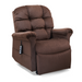 The Golden Tech PR515 Cloud Recliner with Lift Assist, ZG+ & Twilight - SM/MD is a plush, brown chair featuring padded armrests and backrest. With an attached remote control for position adjustment, it offers ergonomic support designed for ultimate relaxation.