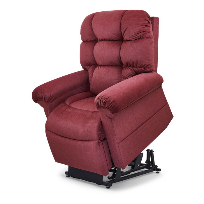 Experience the Golden Tech PR515 Cloud Recliner With Lift Assist, ZG+ & Twilight - SM/MD, featuring a plush, tufted backrest in red. This ergonomic chair on a sleek black base gently lifts to help you stand, ensuring supreme comfort and support.