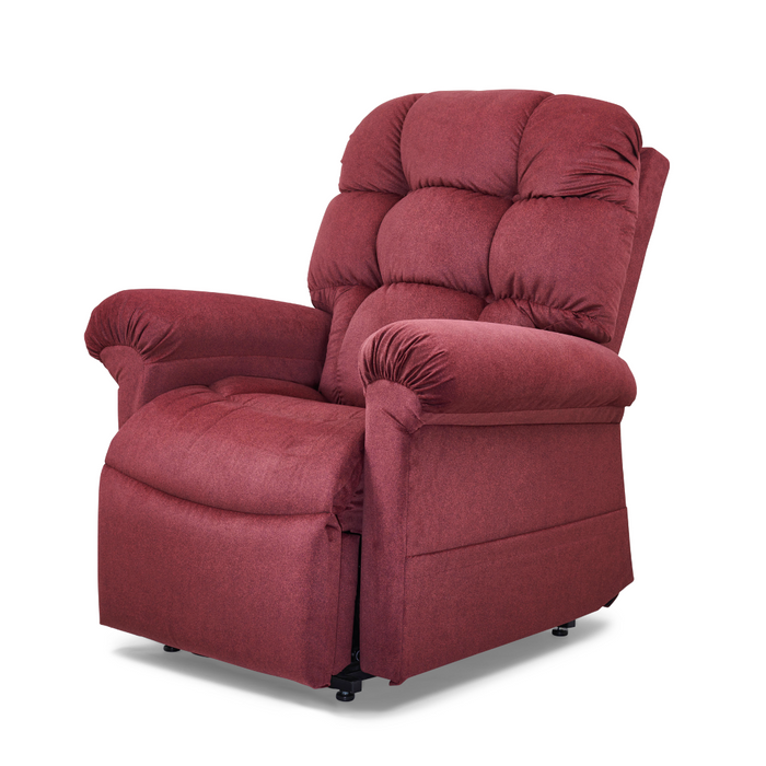 Experience ultimate relaxation with the Golden Tech PR515 Cloud Recliner, featuring ergonomic support, a high back, padded armrests, and a zero-gravity lift assist. Its soft red fabric with visible seams and extended footrest on sleek metal legs enhance comfort and style.