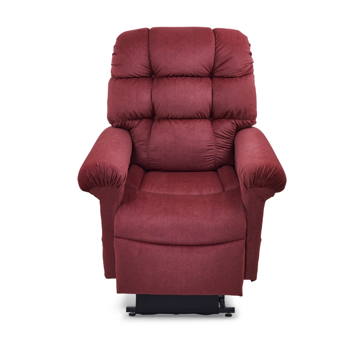 The Golden Tech PR515 Cloud Recliner, with ZG+ and Twilight features, is a plush red chair offering padded armrests, a high backrest, and tufted upholstery for ergonomic support, delivering a cozy zero-gravity experience designed for ultimate comfort and relaxation.