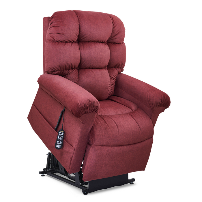 The Golden Tech PR515 Cloud Recliner in red offers a Cloud Power Lift mechanism, tufted backrest, padded armrests, and an attached remote for Zero Gravity Experience and lift functions.