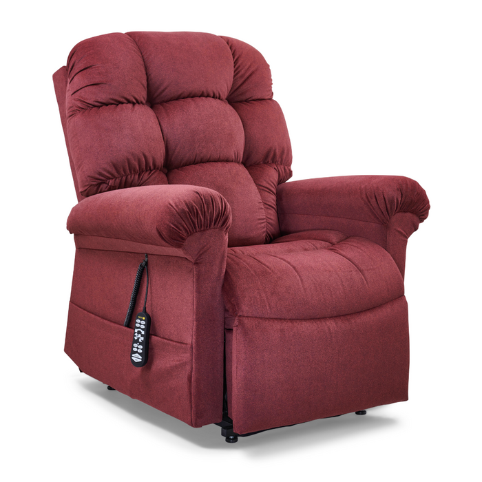 The Golden Tech PR515 Cloud Recliner in burgundy offers ergonomic support, a cushioned backrest and armrests with a buttoned texture. It includes a side remote for adjusting to achieve zero-gravity comfort, featuring lift assist and Twilight technology in small/medium.