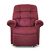 The Golden Tech PR515 Cloud Recliner With Lift Assist, ZG+ & Twilight - SM/MD features plush maroon upholstery, rounded armrests, a high cushioned backrest, ergonomic support, visible padding, and a slightly reclined footrest for a zero-gravity experience.