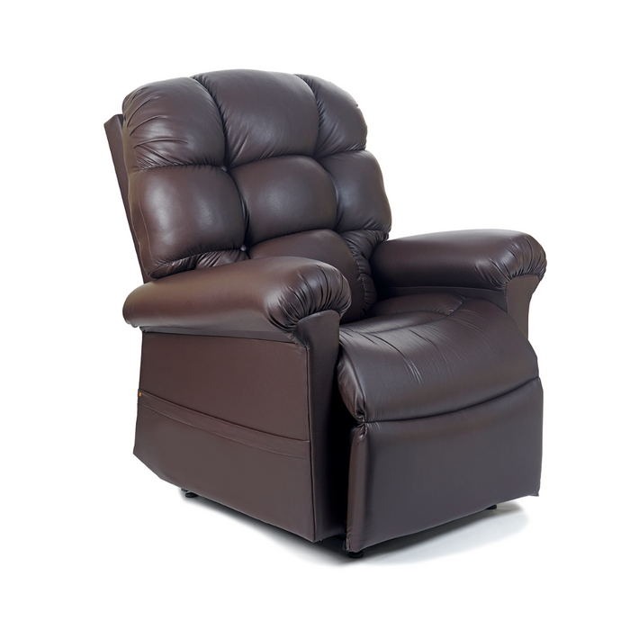 The Golden Tech PR515 Cloud Recliner with Lift Assist, ZG+, and Twilight in plush dark brown leather against a white background highlights its luxurious comfort and ergonomic support with padded armrests and cushioned backrest.