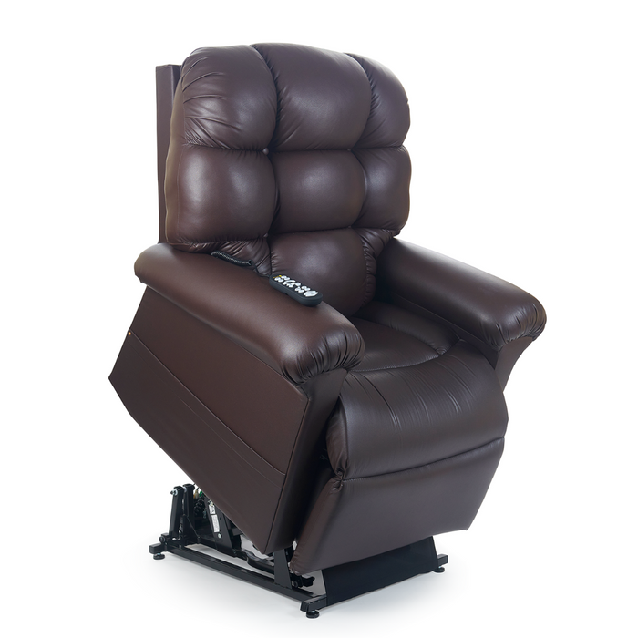 The Golden Tech PR515 Cloud Recliner offers zero-gravity comfort in lifted brown leather, featuring tufted cushioning for ergonomic support. Enjoy the luxury of a recliner with lift assist and a remote control on the armrest, all set against a white background.